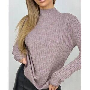 Women's M/L Light Lilac Cashmere Blend Ribbed Mock Neck Soft Sweater Casual